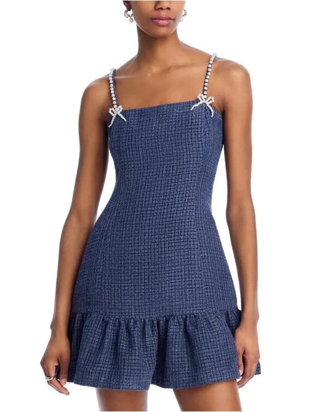 Aqua Navy Tweed Knit Mini Dress with Pearl Straps